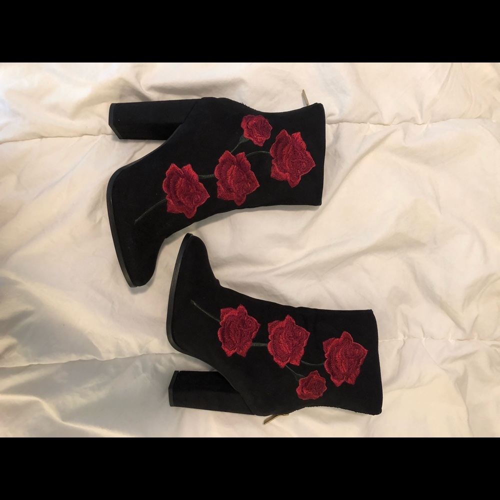 Black Suede heeled booties with red rose detail